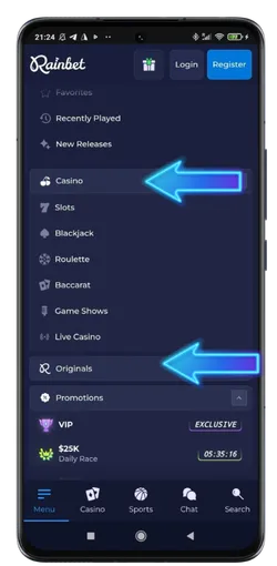 Casino menu categories