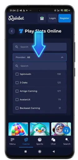 Rainbet slots provider filter