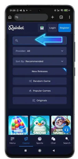 Rainbet slots search bar